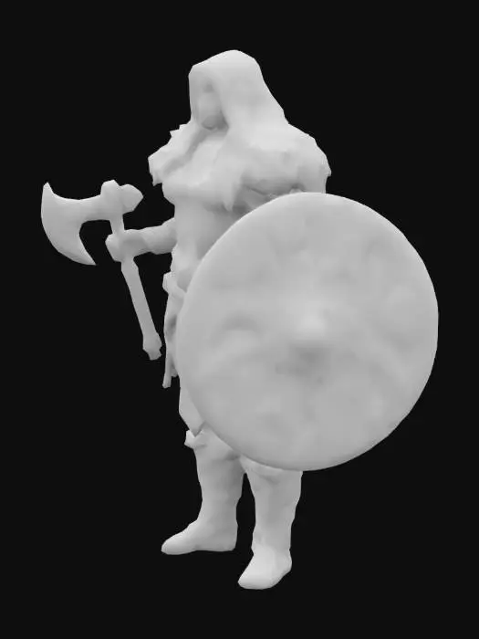 3D model for shieldwoman, viking, glowing body,
red hair, green eyes, axe on left hand,
 leather armor,