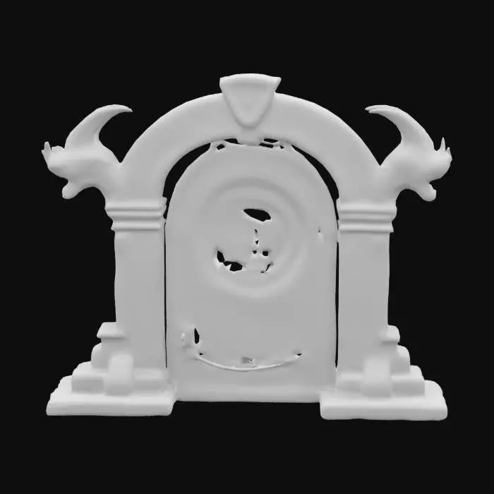 3D model for porte de donjon gothique avec des gargouille de chaque cotes. un portail magique comme un tourbillon se trouve derrière la porte.
