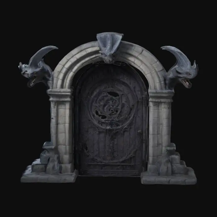 3D model for porte de donjon gothique avec des gargouille de chaque cotes. un portail magique comme un tourbillon se trouve derrière la porte.