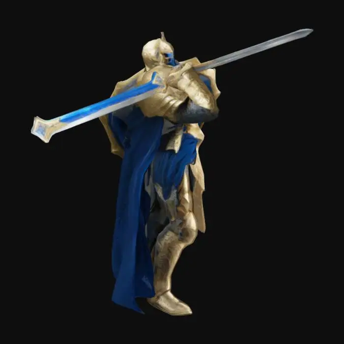 3D model for guerrier légendaire, dans une armure de diamant et d'or.
dans ca main droite il tiens une épée longue . Dans ca main gauche il tiens sont bouclier en diamant et or.
il a une longue et grande cape de couleur bleu foncé.