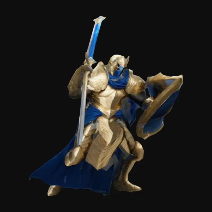 3D model for guerrier légendaire, dans une armure de diamant et d'or.
dans ca main droite il tiens une épée longue . Dans ca main gauche il tiens sont bouclier en diamant et or.
il a une longue et grande cape de couleur bleu foncé.