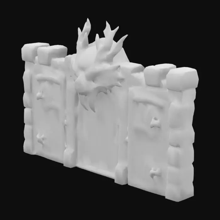 3D model for donjon doors, dark age, glowing, high quality, head of dragon on the top, red eyes, black stone, doors bloody colors