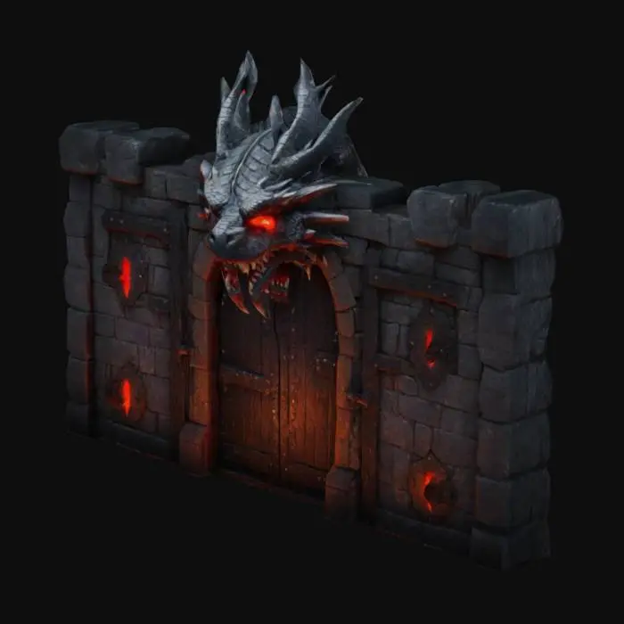 3D model for donjon doors, dark age, glowing, high quality, head of dragon on the top, red eyes, black stone, doors bloody colors