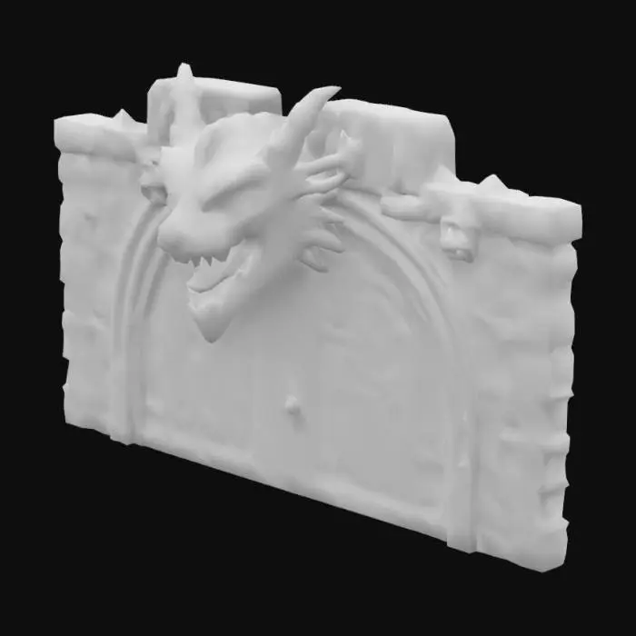 3D model for donjon doors, dark age, glowing, high quality, head of dragon on the top, red eyes, black stone, doors bloody colors