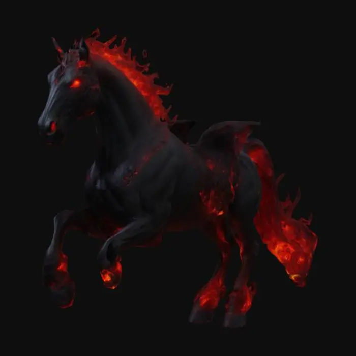 3D model for big horse, glowing body, devil, black, red eyes, hair on fire, high quality, satanic ornement,