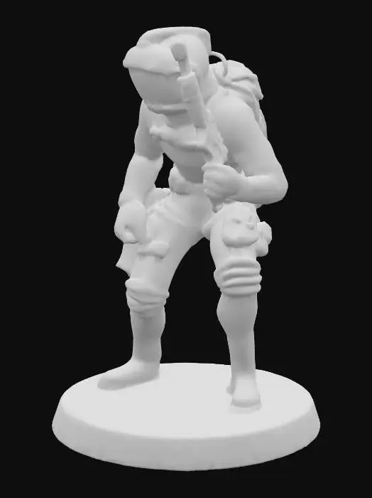 3D model for A science fiction space suited explorer in a white space suit and black face shield. Silver laser weapon. Silver laser pistol in tan harness. Black knee pads. Orange harness. Classic Traveller Role playing game artwork. White gloves.  Shaded like a painted miniature figure for tabletop gaming.
