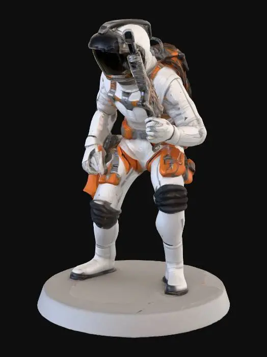 3D model for A science fiction space suited explorer in a white space suit and black face shield. Silver laser weapon. Silver laser pistol in tan harness. Black knee pads. Orange harness. Classic Traveller Role playing game artwork. White gloves.  Shaded like a painted miniature figure for tabletop gaming.