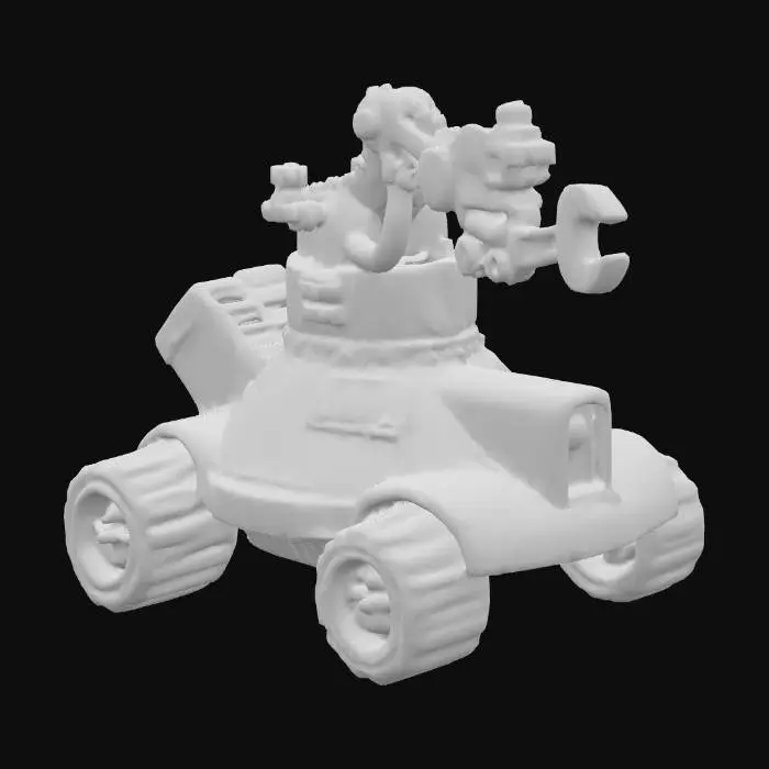 3D model for 4 Wheeled Science Fiction Repair Robot with single are holding a wrench. Textured to look like a painted tabletop miniature.