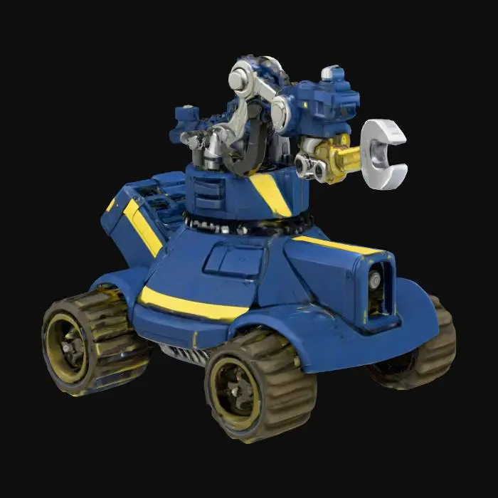 3D model for 4 Wheeled Science Fiction Repair Robot with single are holding a wrench. Textured to look like a painted tabletop miniature.