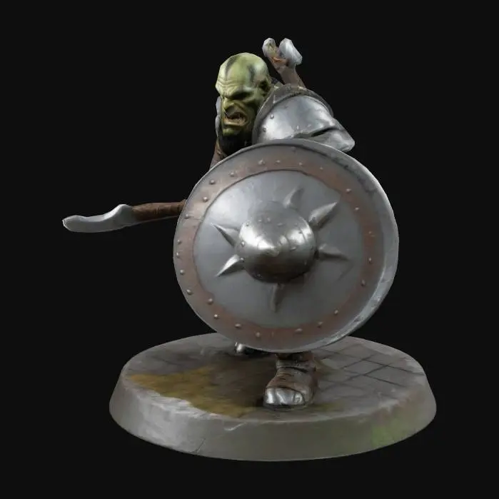 3D model for Half-orc warrior miniature, with plate armour, shield and axe. a round base for the miniature like those one on D&D miniatures. This half-orc must be almost human-like. Muscular. 