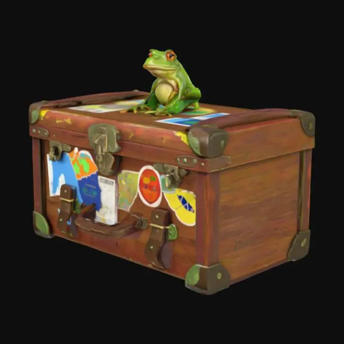 3D model for low poly of a steamer trunk with stickers of places from around the world and a green frog sitting on the trunk the trunk is very old and has cracks in the wood it is real looking