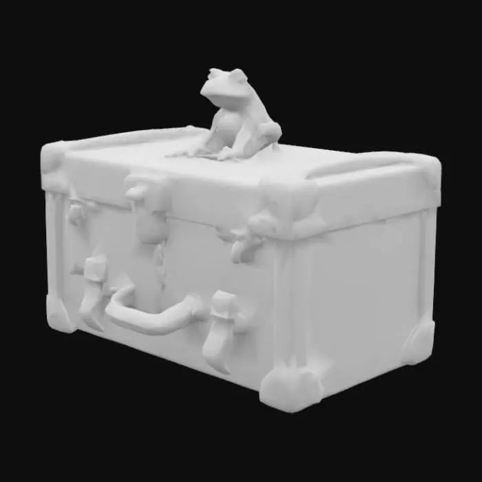 3D model for low poly of a steamer trunk with stickers of places from around the world and a green frog sitting on the trunk the trunk is very old and has cracks in the wood it is real looking