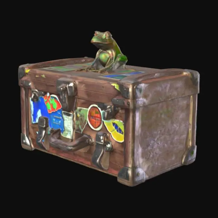 3D model for low poly of a steamer trunk with stickers of places from around the world and a green frog sitting on the trunk the trunk is very old and has cracks in the wood it is real looking