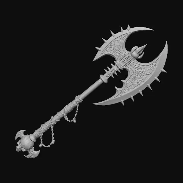 3D model for The object is a double-headed, gothic-style axe with sharp, curved blades adorned with intricate, dark patterns and red accents, giving it a menacing and textured metallic appearance.