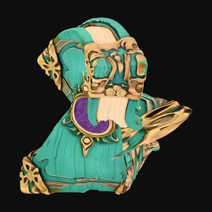 3D model for A majestic cartoon-style ancient spellbook with a sturdy, adventurous look. The cover is carved from rugged sea-green pine wood, its grain clearly visible and its edges slightly worn. A massive metal plate with a deep violet sheen is set in the center, engraved with simplified ancient runes. The pages are thick, snow-white, and slightly curled at the edges, giving the whole book a solid, time-worn epic feel.