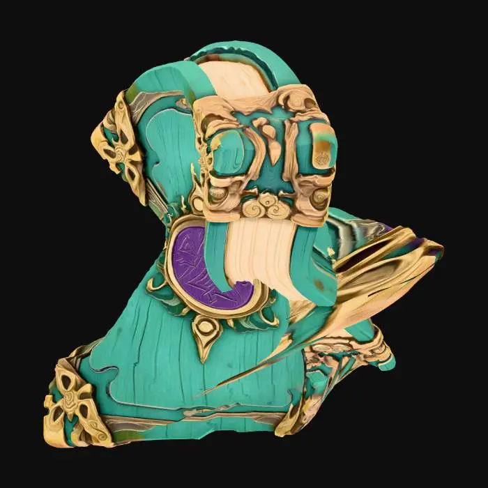 3D model for A majestic cartoon-style ancient spellbook with a sturdy, adventurous look. The cover is carved from rugged sea-green pine wood, its grain clearly visible and its edges slightly worn. A massive metal plate with a deep violet sheen is set in the center, engraved with simplified ancient runes. The pages are thick, snow-white, and slightly curled at the edges, giving the whole book a solid, time-worn epic feel.