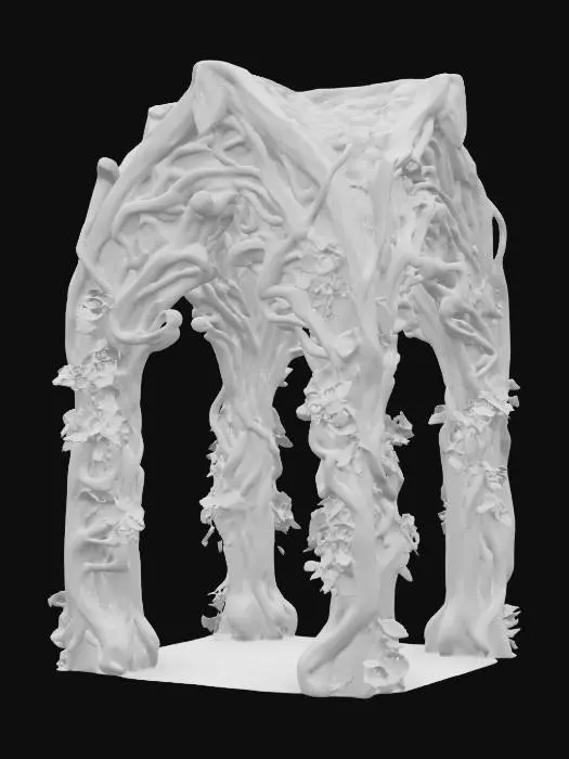 3D model for highly detailed, realistic, game asset forest archway made of wood with flowers coiled around it #arch#