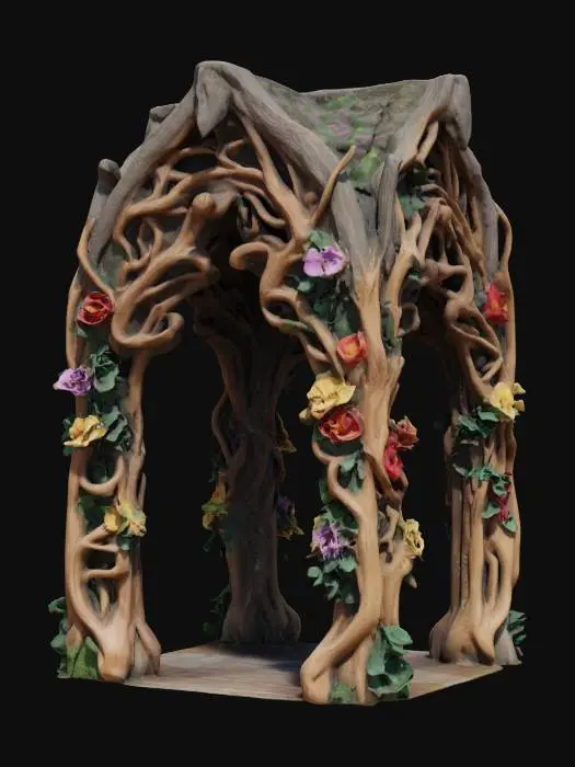3D model for highly detailed, realistic, game asset forest archway made of wood with flowers coiled around it #arch#