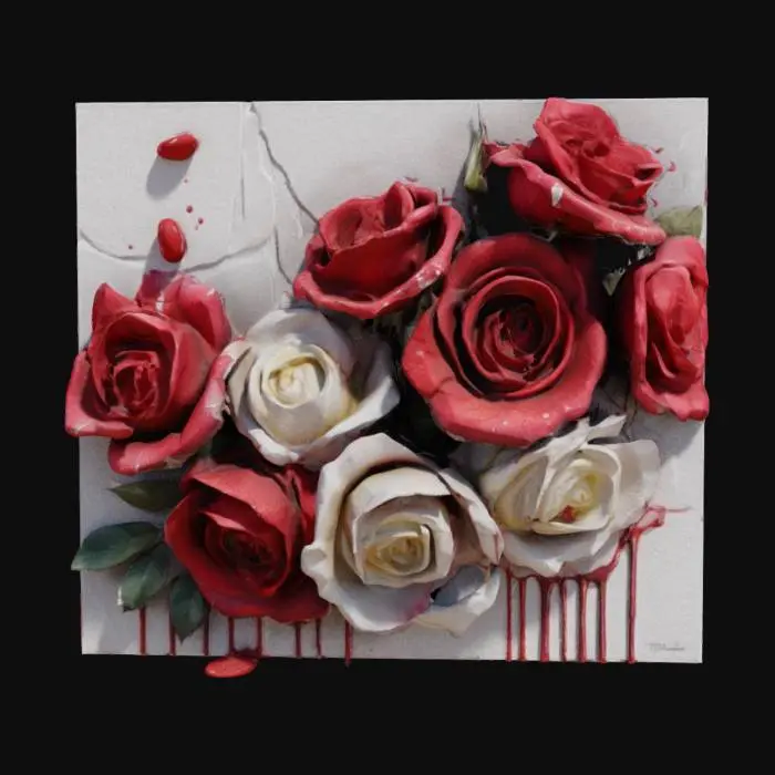 3D model for highly detailed, realistic, painted red and white roses on a canvas where the painting is starting to drip
