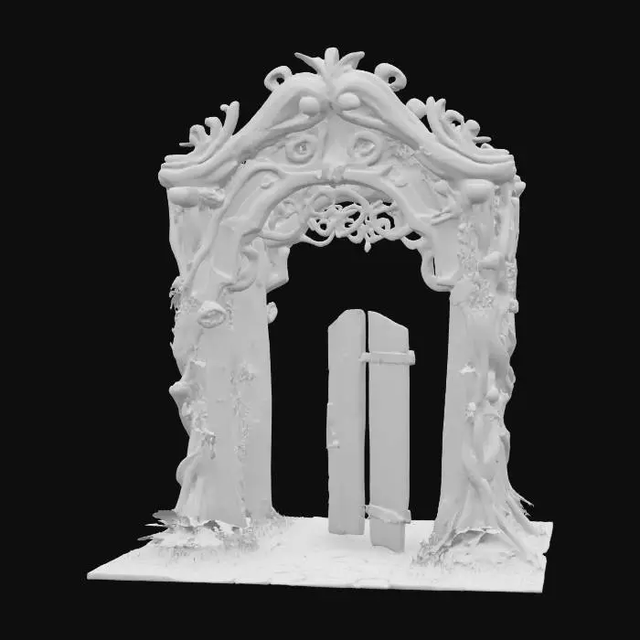 3D model for highly detailed, realistic, game asset forest archway made of wood with flowers coiled around it #arch#