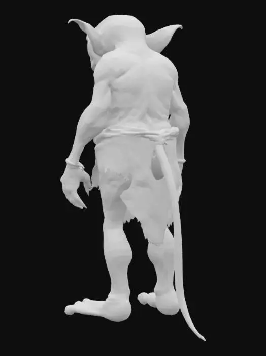 3D model for Гоблин с бледной серовато землистого цвета кожи. с большим носом. Глаза узкие и злобные. Форма головы горизонтальный овал в профиль. Уши острые и прижаты к голове. Руки и ноги худощавые но жилистые проглядывают мускулы.  на ногах 3 пальца с когтями. Небольшой выделяющийся животик. Набедренная повязка спереди, сзади короткая, торчит тонкий короткий хвостик. На руках 5 пальцев
