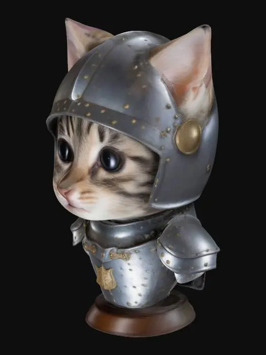3D model for Kitten, Knight, wearing a knight's helmet, bust, head, cute, cuddly
