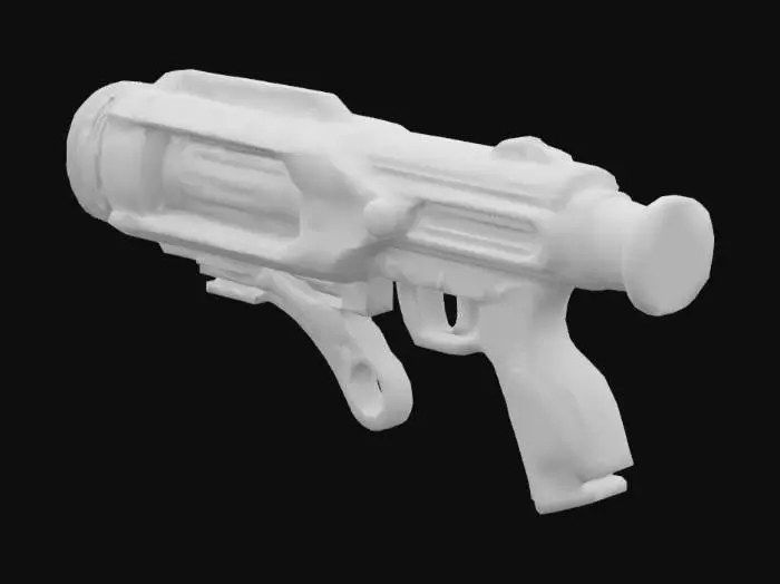 3D model for three-phase kinetic blaster, sci-fi weapon, compact yet powerful, segmented design with three distinct energy coils glowing in different phases—blue, red, and violet, smooth metallic surfaces with clear bevels, balanced asymmetry, energy capacitors embedded into the chassis, visible kinetic dampeners and magnetic rails, worn details on metal, seamless PBR textures, high-poly topology, no gaps or flipped faces, realistic materials: polished steel, carbon fiber, glowing glass, original silhouette, no clichés, cinematic lighting, trendy concept art style, optimized for games or animation, visually striking with a sense of futuristic functionality