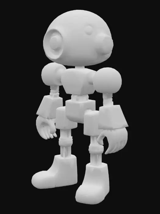 3D model for abstract humanoid made of simple geometric shapes like cubes, spheres, and cylinders, one large glowing eye instead of face, smooth matte skin with gradient from dark blue to purple, elongated flowing limbs, subtle inner glow, minimalistic and stylized, medium detail, low to mid poly
