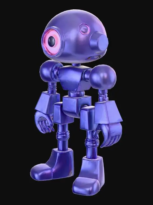 3D model for abstract humanoid made of simple geometric shapes like cubes, spheres, and cylinders, one large glowing eye instead of face, smooth matte skin with gradient from dark blue to purple, elongated flowing limbs, subtle inner glow, minimalistic and stylized, medium detail, low to mid poly