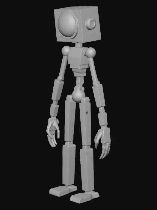 3D model for abstract humanoid made of simple geometric shapes like cubes, spheres, and cylinders, one large glowing eye instead of face, smooth matte skin with gradient from dark blue to purple, elongated flowing limbs, subtle inner glow, minimalistic and stylized, medium detail, low to mid poly