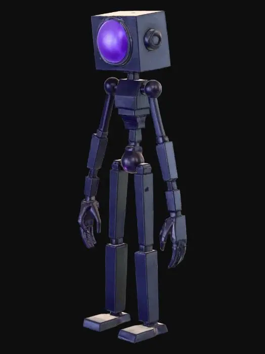 3D model for abstract humanoid made of simple geometric shapes like cubes, spheres, and cylinders, one large glowing eye instead of face, smooth matte skin with gradient from dark blue to purple, elongated flowing limbs, subtle inner glow, minimalistic and stylized, medium detail, low to mid poly