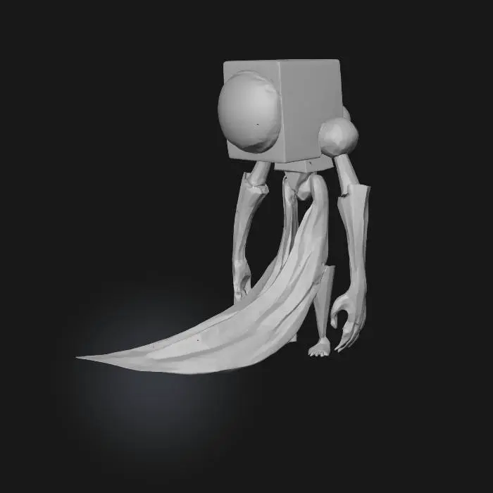 3D model for abstract humanoid made of simple geometric shapes like cubes, spheres, and cylinders, one large glowing eye instead of face, smooth matte skin with gradient from dark blue to purple, elongated flowing limbs, subtle inner glow, minimalistic and stylized, medium detail, low to mid poly