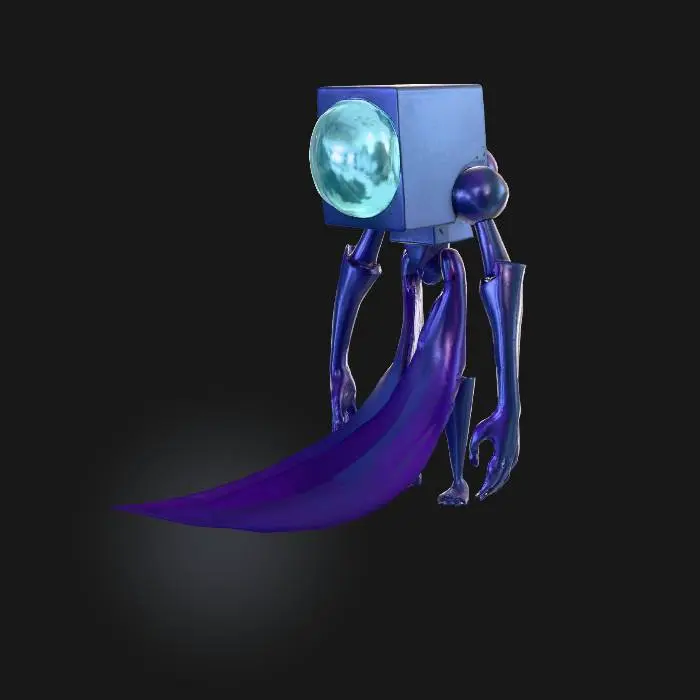 3D model for abstract humanoid made of simple geometric shapes like cubes, spheres, and cylinders, one large glowing eye instead of face, smooth matte skin with gradient from dark blue to purple, elongated flowing limbs, subtle inner glow, minimalistic and stylized, medium detail, low to mid poly