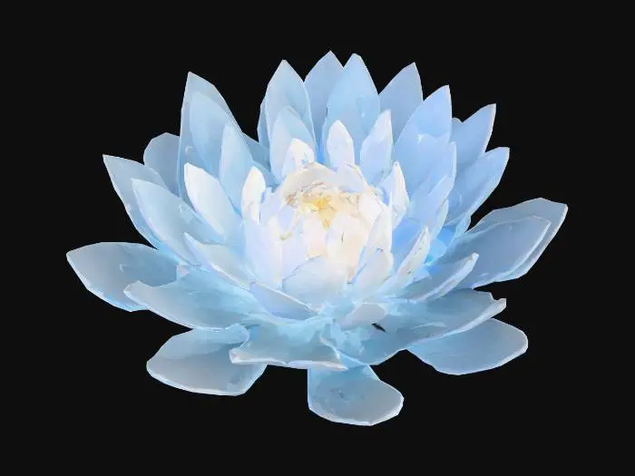 3D model for Low rosette of silvery-blue leaves with a single luminous white flower at center. The petals are translucent, almost glass-like, with faint veining. A subtle cool glow emanates from the flower head.