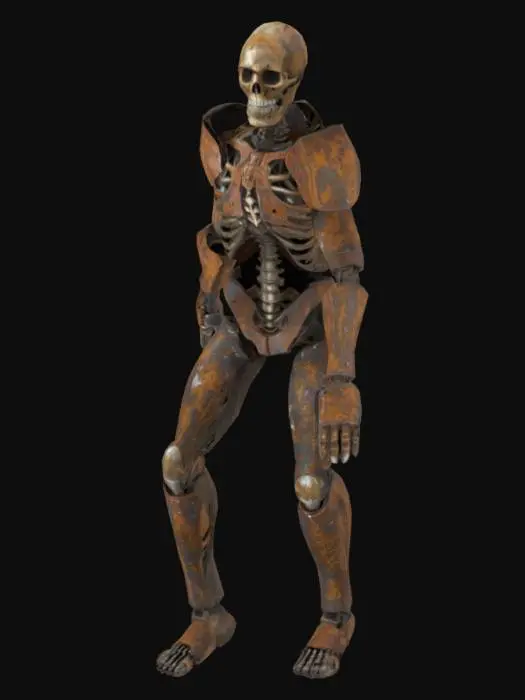 3D model for Fully armored skeleton, no flesh, only skeleton, rusty steel armor, no weapon, t-posing