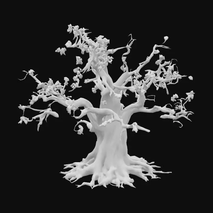 3D model for Darkish grey cursed undead tree with light grey leaves with unlit texture, flat lighting, with albedo map only, no lighting information baked in.