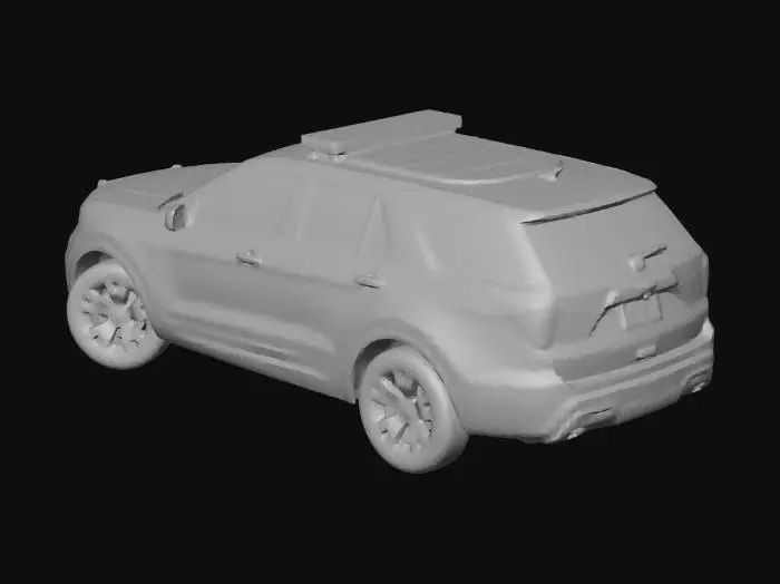 3D model for "Cinematic shot of a modern American police cruiser (Ford Explorer Interceptor style) parked on a rain-slicked urban asphalt street at night. Hyper-realistic, rendered in Unreal Engine 5.3. High-detail white and black livery with 'POLICE' decals. Ultra-detailed lightbar with realistic red and blue emissive glow and lens flare. Materials featuring Nanite-level geometry and Ray-Traced reflections in the puddles. Volumetric fog, 8k resolution, photorealistic textures, cinematic lighting (Lumen), movie-like color grading, depth of field."