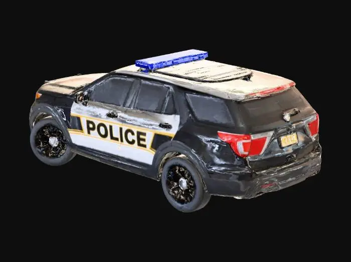 3D model for "Cinematic shot of a modern American police cruiser (Ford Explorer Interceptor style) parked on a rain-slicked urban asphalt street at night. Hyper-realistic, rendered in Unreal Engine 5.3. High-detail white and black livery with 'POLICE' decals. Ultra-detailed lightbar with realistic red and blue emissive glow and lens flare. Materials featuring Nanite-level geometry and Ray-Traced reflections in the puddles. Volumetric fog, 8k resolution, photorealistic textures, cinematic lighting (Lumen), movie-like color grading, depth of field."
