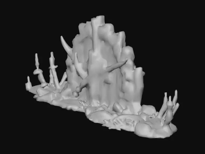 3D model for A highly detailed, photorealistic ancient pirate tomb carved into a jagged cliffside at twilight. The entrance is framed by weathered stone shaped like a massive grinning skull with crossed cutlasses embedded in the eye sockets. Vines and moss cling to cracked marble, glowing faintly with bioluminescent fungi. Golden torchlight spills from within, illuminating piles of glittering treasure