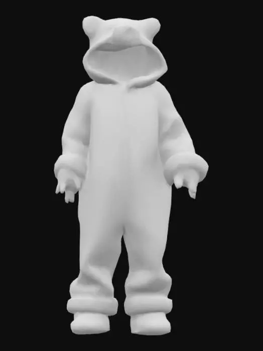 3D model for Cute animal onesie, oversized animal full body suit for roblox. it should be soft fleece fabric with a flufffy plush texture. Include embroidered facial features on the hood attached tail and paw like cuffs, the overall finish should be an empty onesie with nothing inside just the clothing standing up