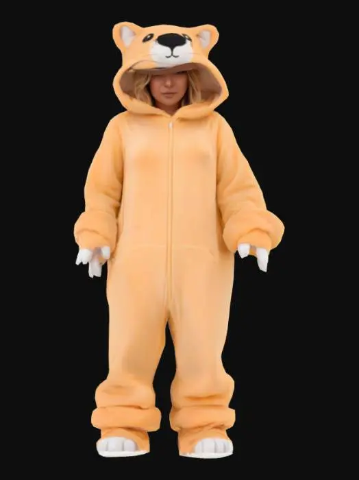 3D model for Cute animal onesie, oversized animal full body suit for roblox. it should be soft fleece fabric with a flufffy plush texture. Include embroidered facial features on the hood attached tail and paw like cuffs, the overall finish should be an empty onesie with nothing inside just the clothing standing up