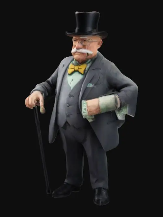 3D model for A bald - headed old man wearing a suit, with the style of the Monopoly tycoon.