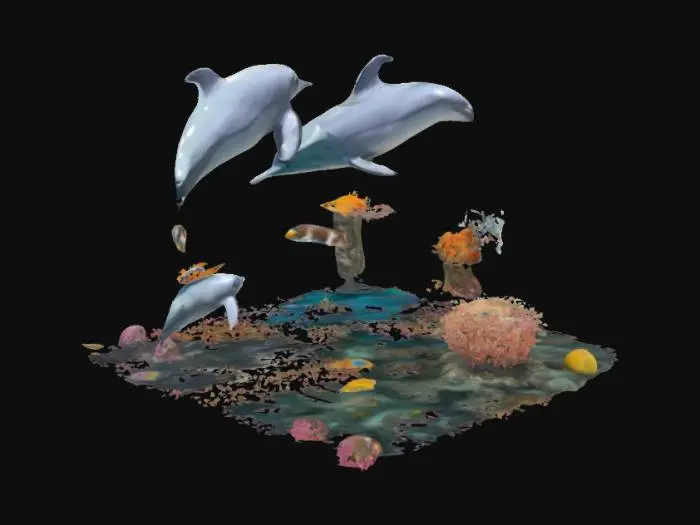 3D model for A reef with two dolphins and azure blue water. Many fish swim around and the dolphins play in the bubbles. you see an octopus some anemona, sea sponges, sea cucumber and a squirrel in diving helmet and pace suit. In front of the atoll is steep cliff down to the buttom of the ocean