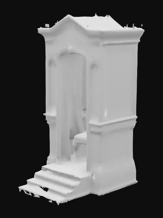 3D model for "A highly detailed 3D model of a traditional Catholic confessional booth, made of dark polished wood, with simply panels, lattice window screens for privacy, red velvet curtain on one side, central priest compartment with kneeler, symmetrical penitent compartments on each side, modeled with realistic proportions and PBR-ready materials,  suitable for use in architectural visualization or game design.
