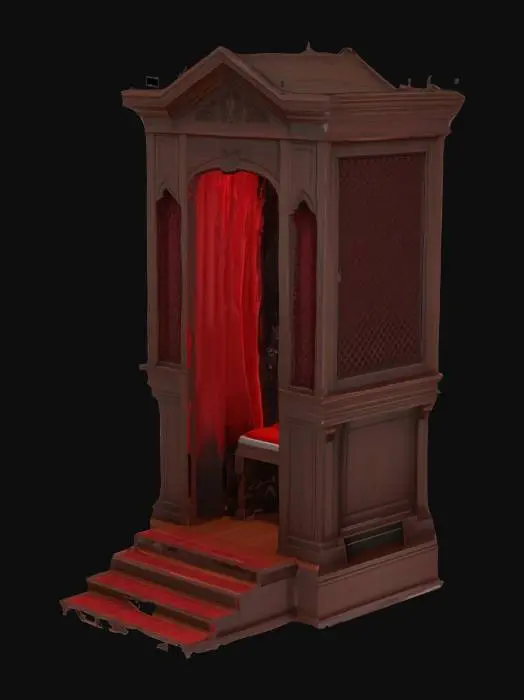 3D model for "A highly detailed 3D model of a traditional Catholic confessional booth, made of dark polished wood, with simply panels, lattice window screens for privacy, red velvet curtain on one side, central priest compartment with kneeler, symmetrical penitent compartments on each side, modeled with realistic proportions and PBR-ready materials,  suitable for use in architectural visualization or game design.
