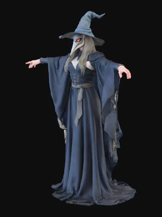 3D model for A female witch with NO HAT, wearing a long flowing dress and magpie mask.