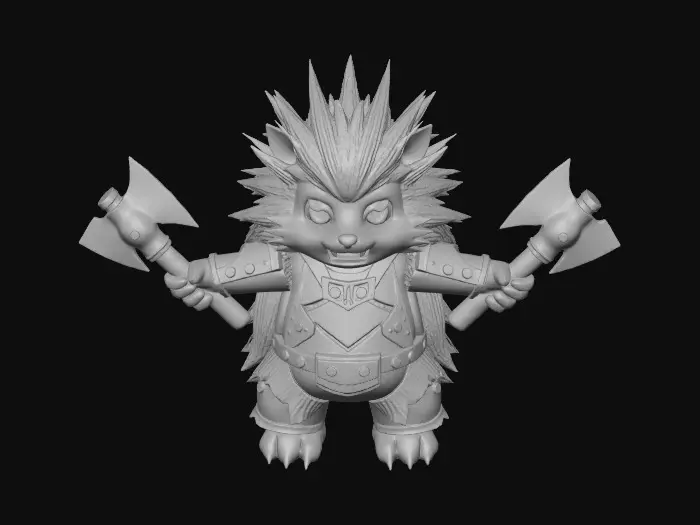 3D model for Low-poly anthropomorphic hedgehog berserker, spiky silhouette, leather armor patches, double axes, dynamic pose, expressive fierce eyes, stylized chunky shapes, simple textures, earthy colors, medieval fantasy warrior, Armello-style low poly model.