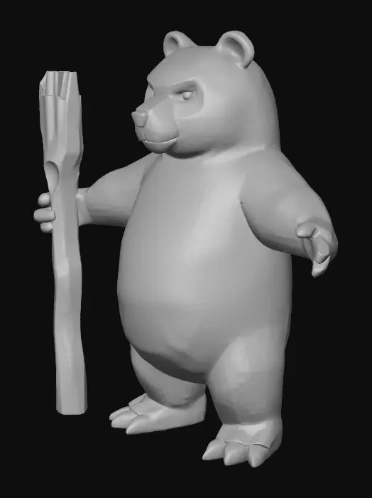 3D model for Low-poly anthropomorphic bear guardian, large strong build, carved wooden staff with glowing crystal, druidic robes, natural earth tones, gentle but powerful expression, simplified geometry, chunky shapes, minimal textures, mystical medieval fantasy aesthetic, Armello-like hero character, clean topology, low-poly.