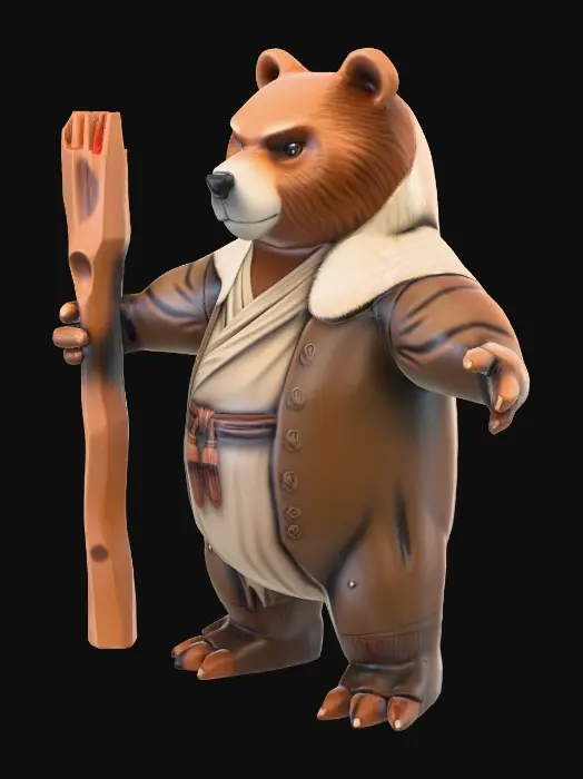 3D model for Low-poly anthropomorphic bear guardian, large strong build, carved wooden staff with glowing crystal, druidic robes, natural earth tones, gentle but powerful expression, simplified geometry, chunky shapes, minimal textures, mystical medieval fantasy aesthetic, Armello-like hero character, clean topology, low-poly.