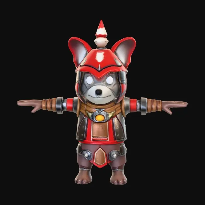 3D model for Low-poly anthropomorphic badger knight hero, heavy plate armor, tower shield, mace or longsword, bold contrasting colors, chunky stylized shapes, noble and intimidating presence, simplified textures, medieval fantasy theme, Armello-inspired.